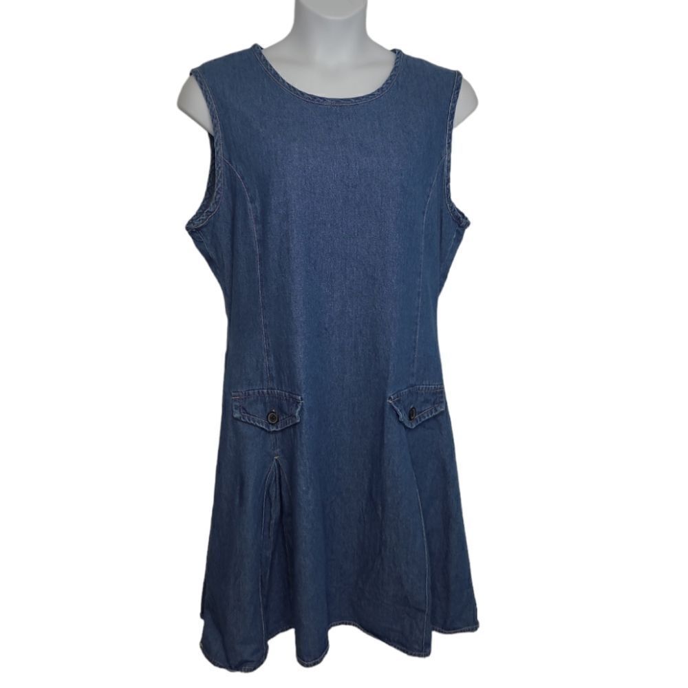 VINTAGE 90s denim pinafore dress pleated sleeveless kidcore L